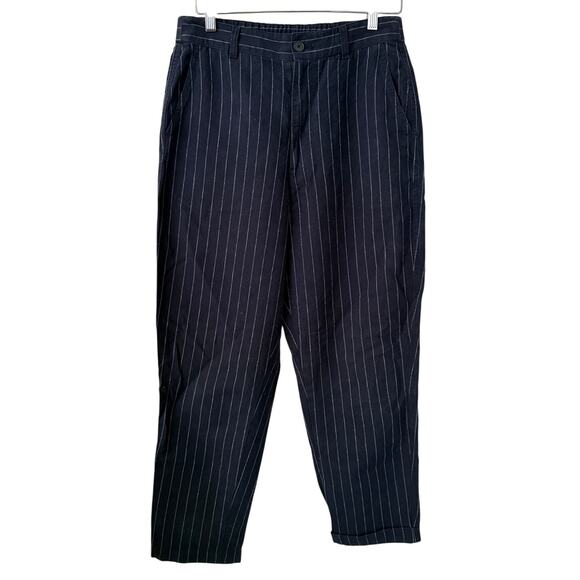 Uniqlo Navy/White Pin Stripe Cotton/Linen HighRise Tapered Office Pant/Trouser-M - Picture 1 of 7